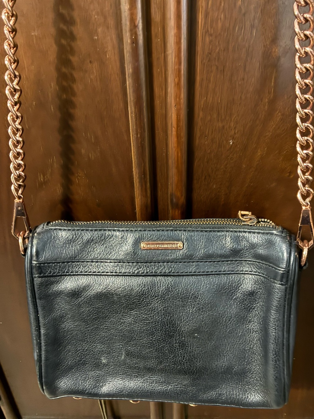 Rebecca Minkoff Black Leather Crossbody with rose gold Chain